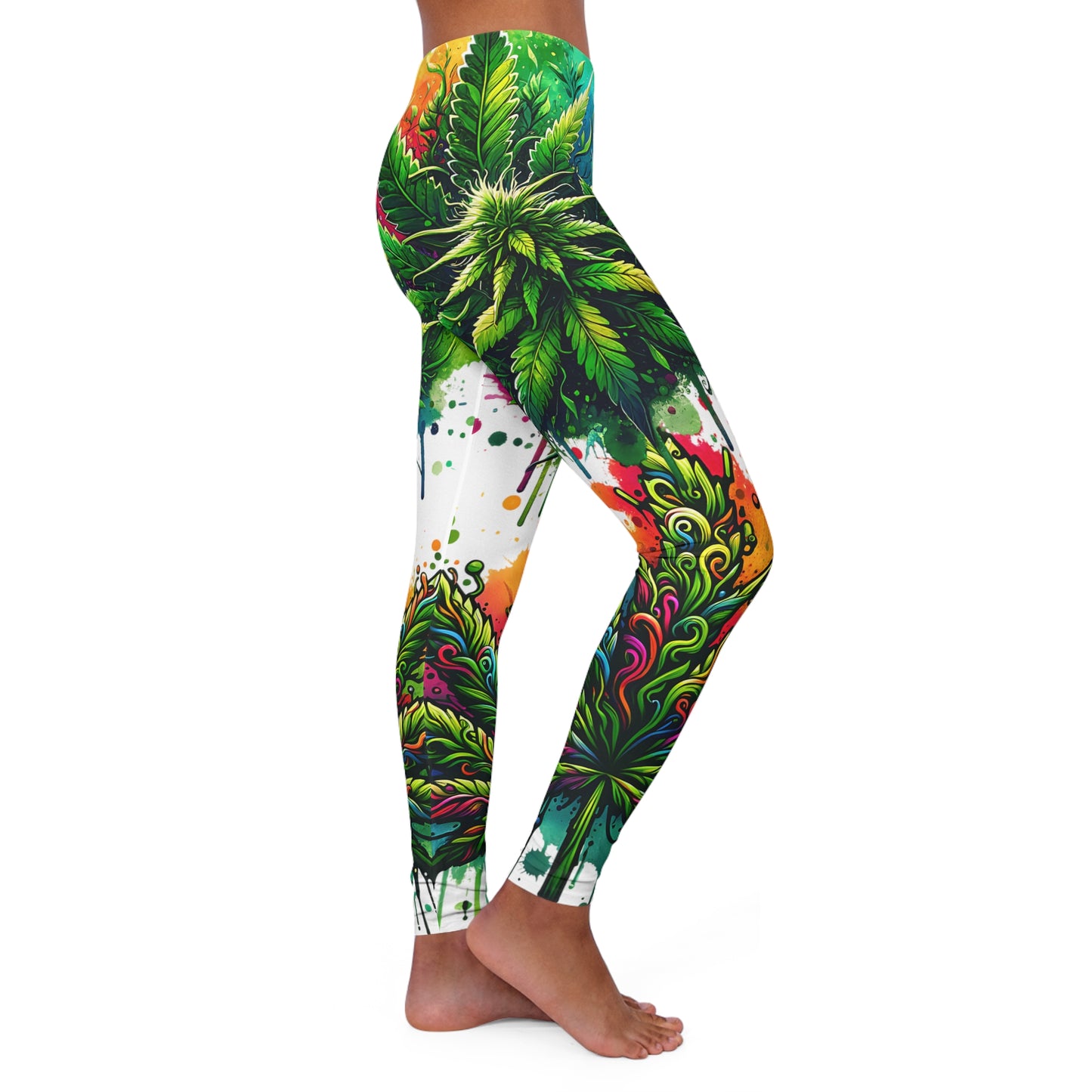 weed leaf white women's casual spandex leggings (aop)