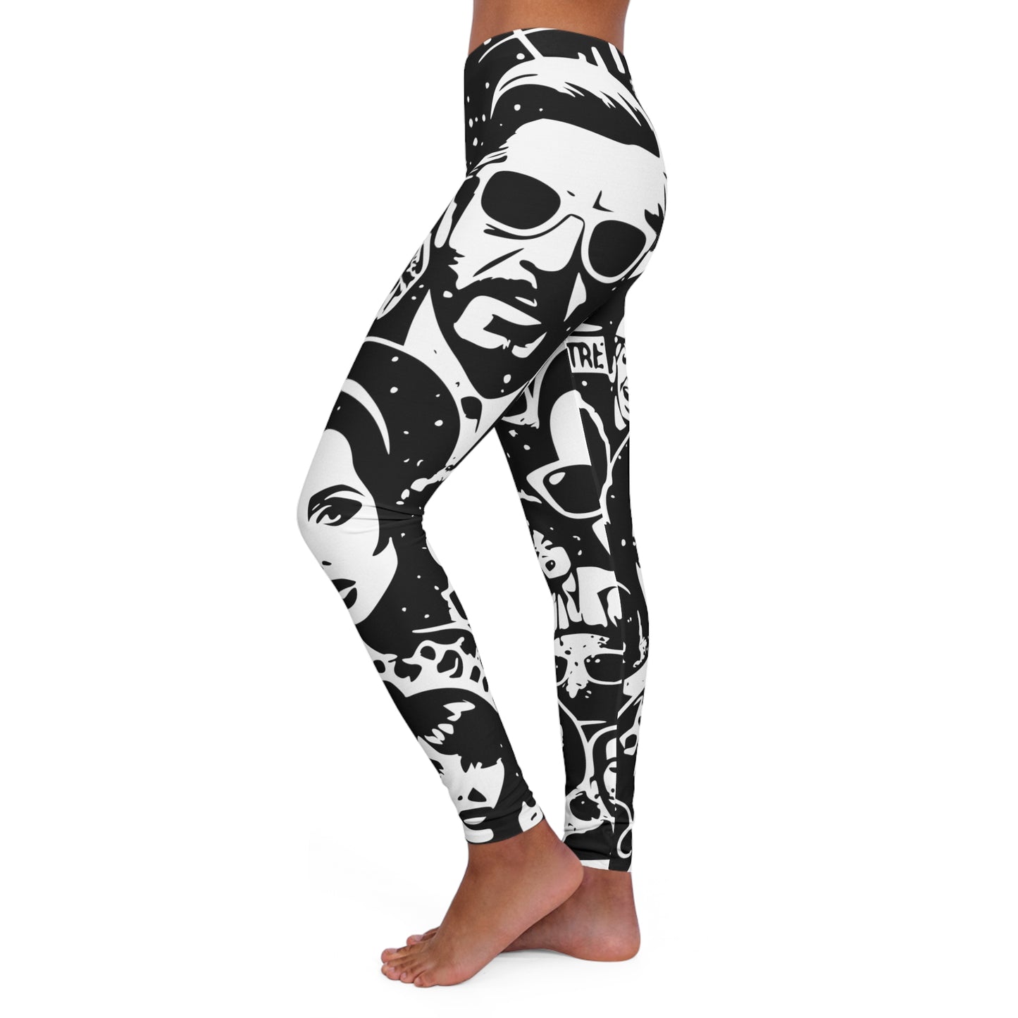 black & white faces women's casual spandex leggings (aop)