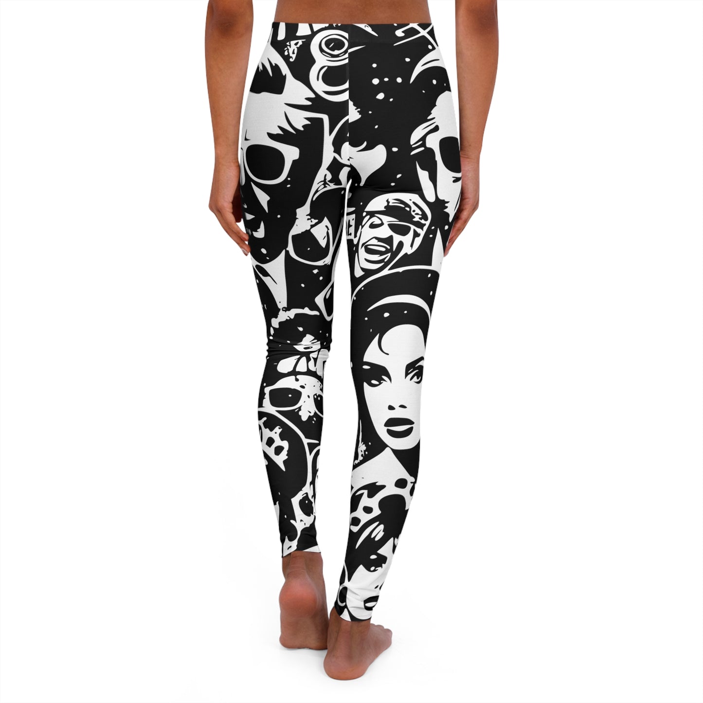 black & white faces women's casual spandex leggings (aop)