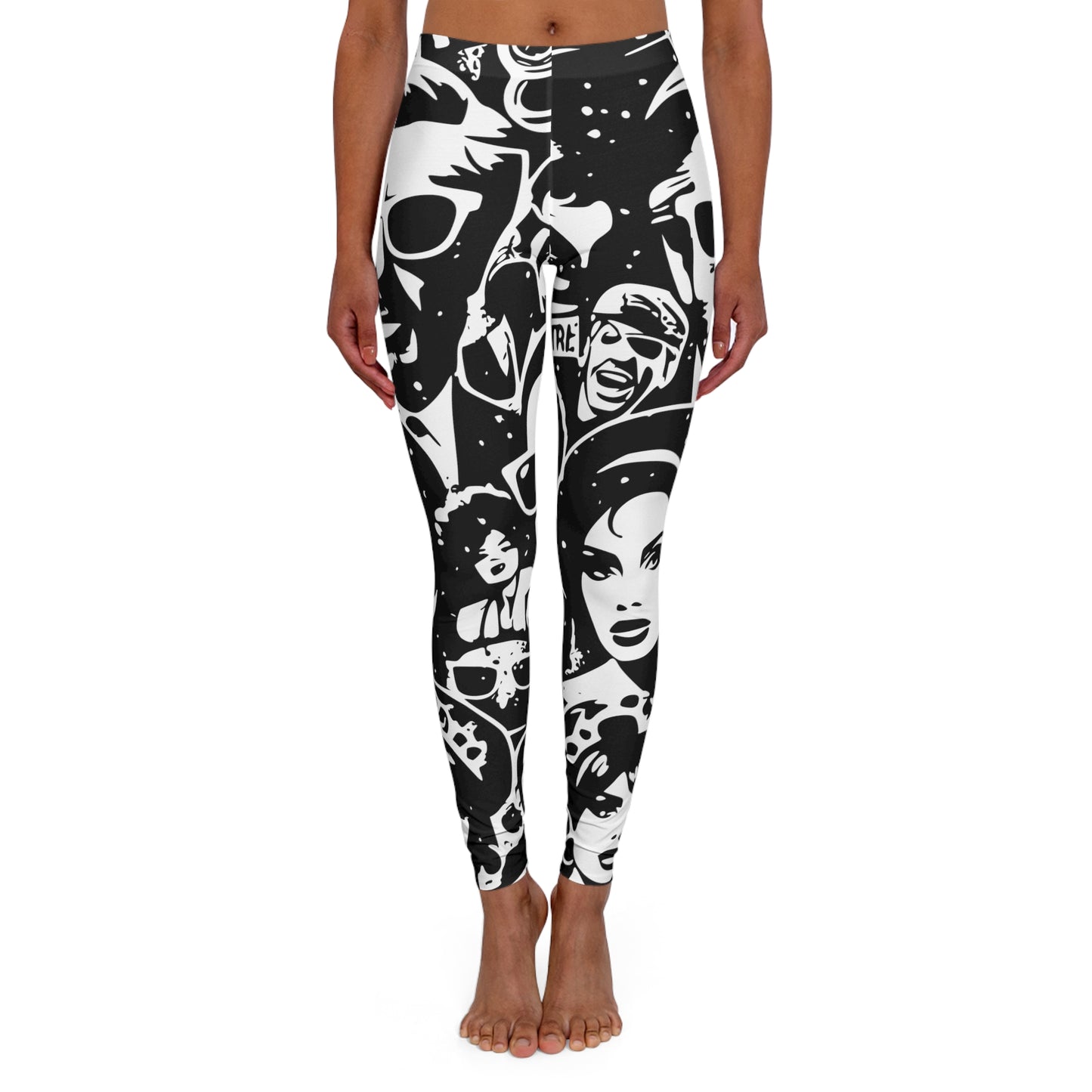 black & white faces women's casual spandex leggings (aop)